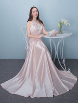 Evening Dresses Long Soft Pink Satin Evening Dress Halter Beading Pleated Floor Length Formal Party Dress