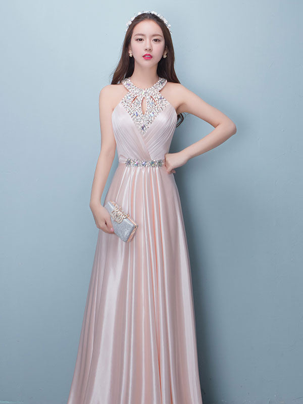 Evening Dresses Long Soft Pink Satin Evening Dress Halter Beading Pleated Floor Length Formal Party Dress