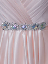 Evening Dresses Long Soft Pink Satin Evening Dress Halter Beading Pleated Floor Length Formal Party Dress