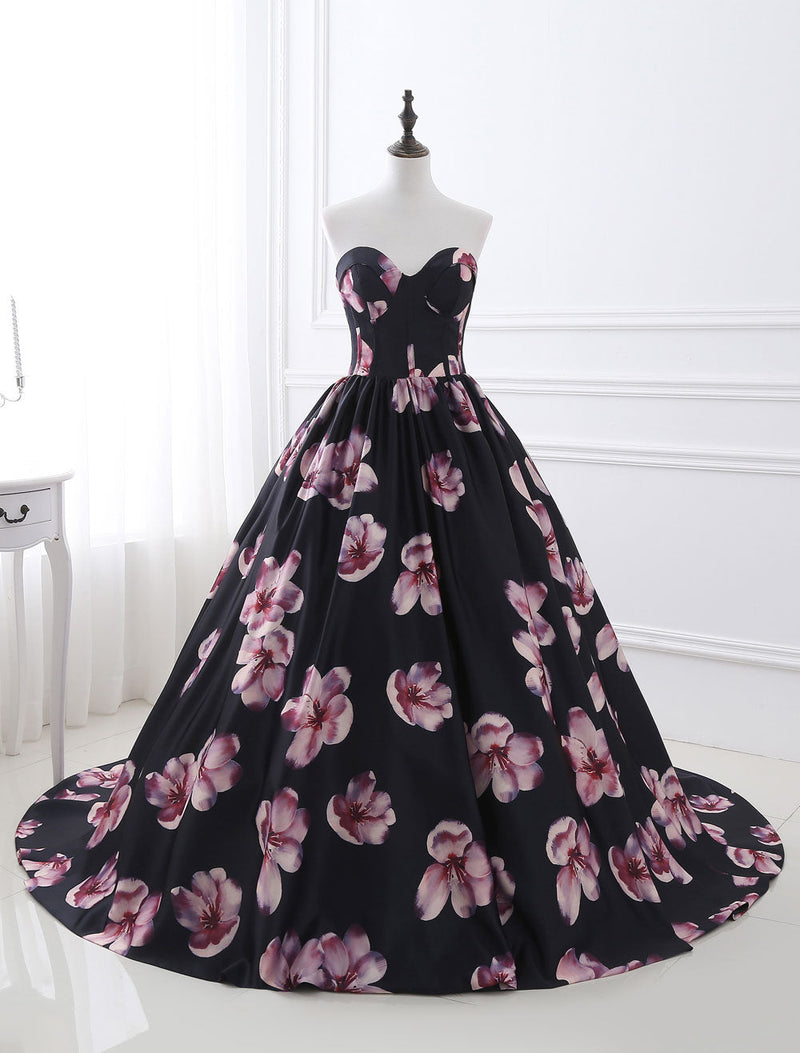 Floral Pageant Dress Black Sweatheart Strapless Long evening dress Boned Printed Chapel Train Occasion Dress