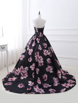 Floral Pageant Dress Black Sweatheart Strapless Long evening dress Boned Printed Chapel Train Occasion Dress