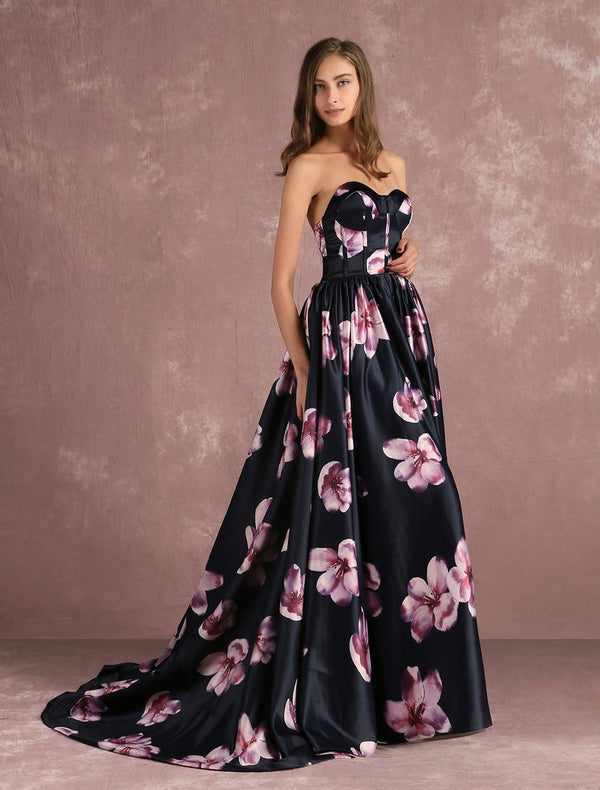 Floral Pageant Dress Black Sweatheart Strapless Long evening dress Boned Printed Chapel Train Occasion Dress