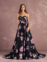 Floral Pageant Dress Black Sweatheart Strapless Long evening dress Boned Printed Chapel Train Occasion Dress