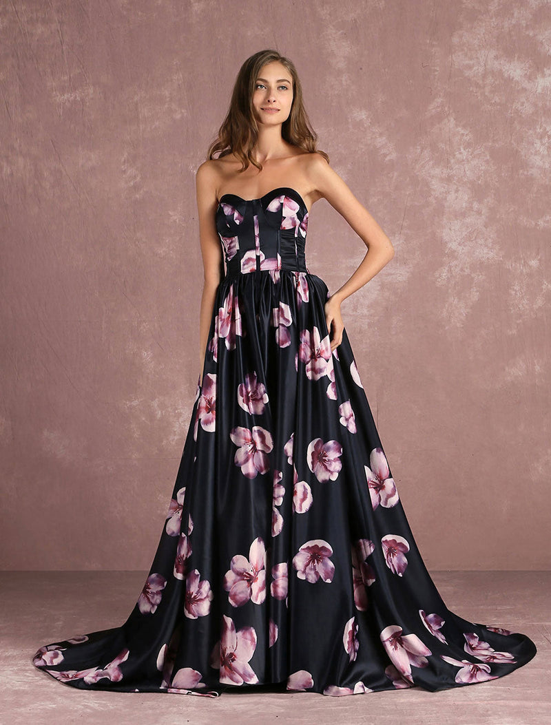 Floral Pageant Dress Black Sweatheart Strapless Long evening dress Boned Printed Chapel Train Occasion Dress