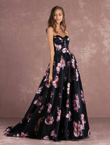 Floral Pageant Dress Black Sweatheart Strapless Long evening dress Boned Printed Chapel Train Occasion Dress