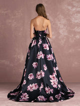 Floral Pageant Dress Black Sweatheart Strapless Long evening dress Boned Printed Chapel Train Occasion Dress