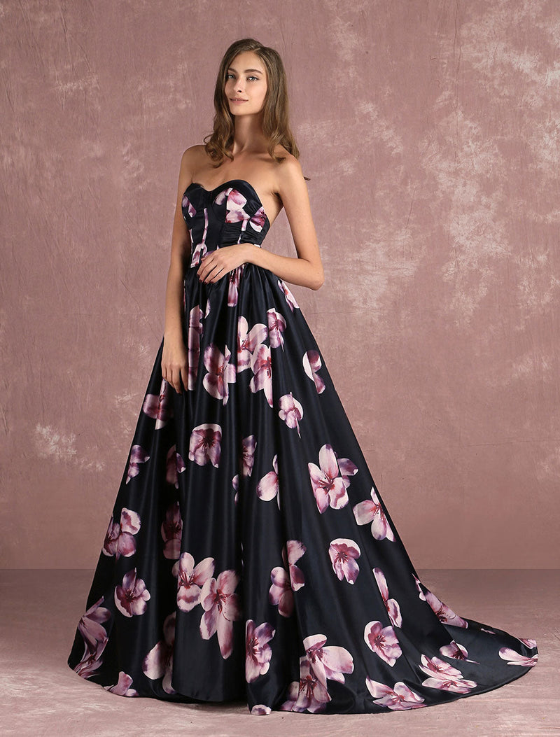 Floral Pageant Dress Black Sweatheart Strapless Long evening dress Boned Printed Chapel Train Occasion Dress