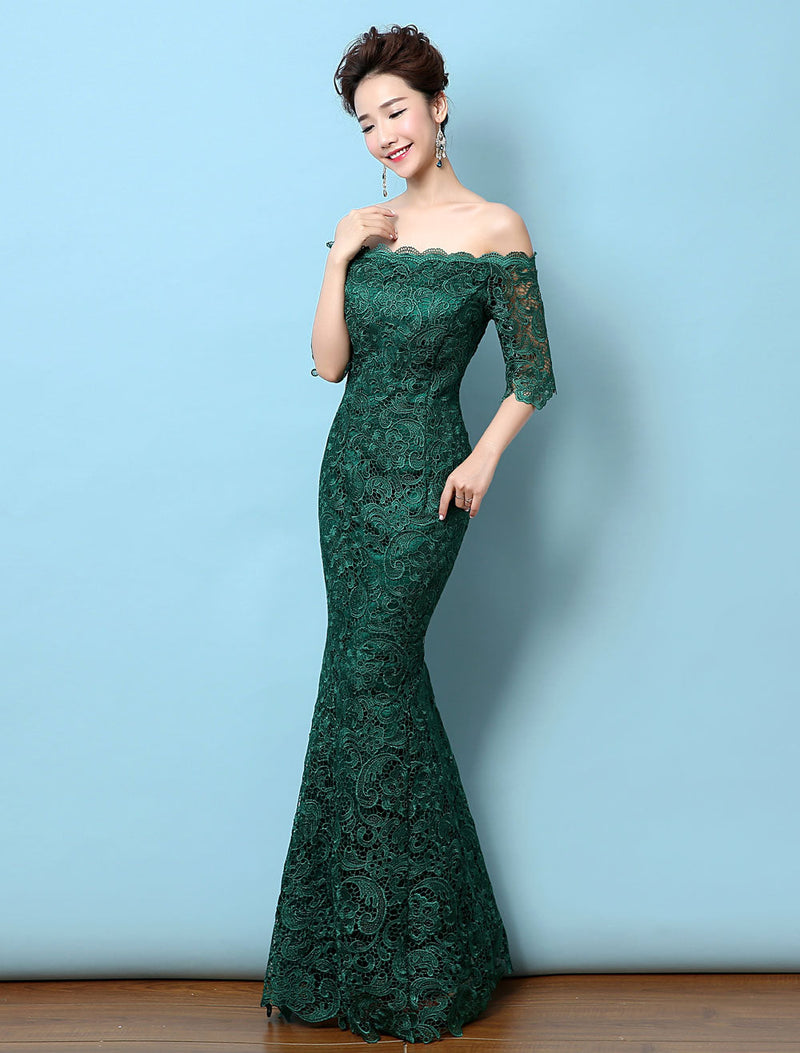 Lace Evening Dress Off The Shoulder Mermaid Party Dress Dark Green Half Sleeve Maxi Occasion Dress wedding guest dress