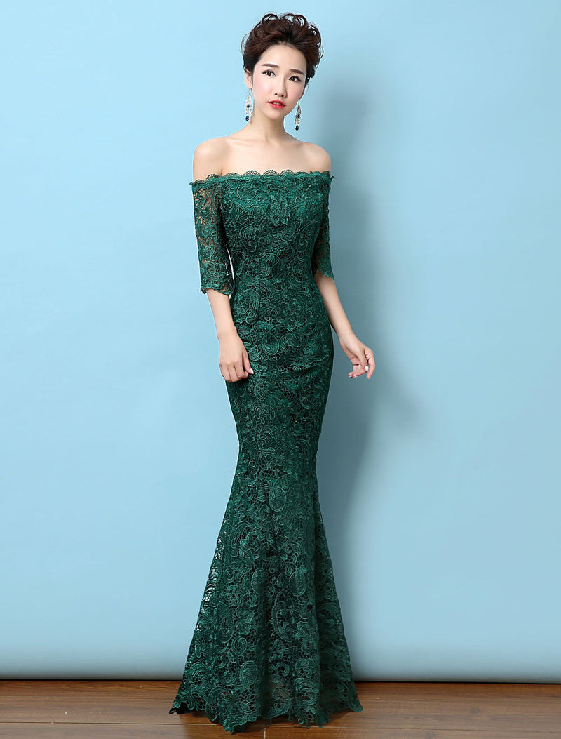 Lace Evening Dress Off The Shoulder Mermaid Party Dress Dark Green Half Sleeve Maxi Occasion Dress wedding guest dress