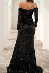 Stunning Off The Shoulder Black Prom Dress Sequined Front-Split Evening Gowns With Long Sleeves-stylesnuggle