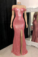 Stunning Off-the-Shoulder Mermaid Prom Dress Sequins Long Slit Online-stylesnuggle