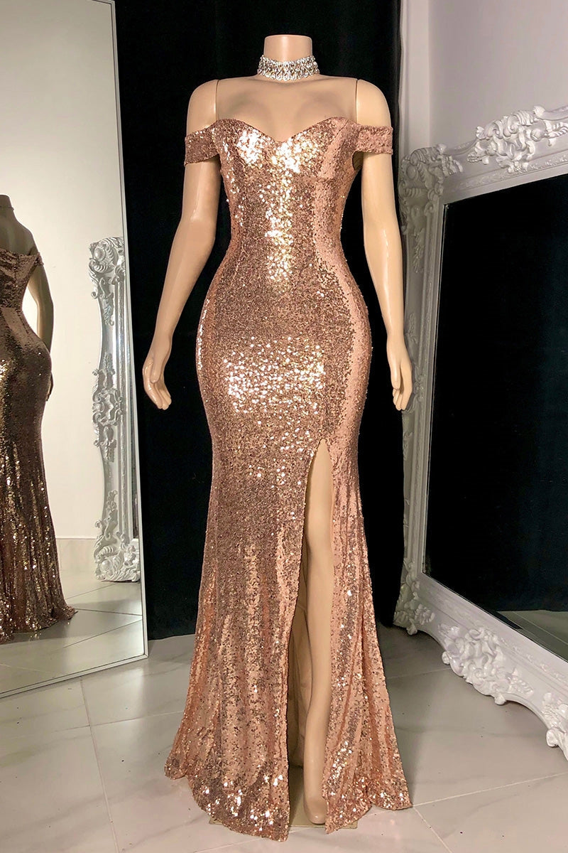 Stunning Off-the-Shoulder Mermaid Prom Dress Sequins Long Slit Online-stylesnuggle