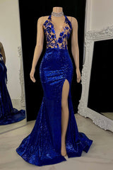 Stunning V-Neck Sleeveless Prom Dresses Mermaid Sequins With Split-stylesnuggle