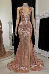 Stunning V-Neck Sleeveless Prom Dresses Mermaid Sequins With Split-stylesnuggle