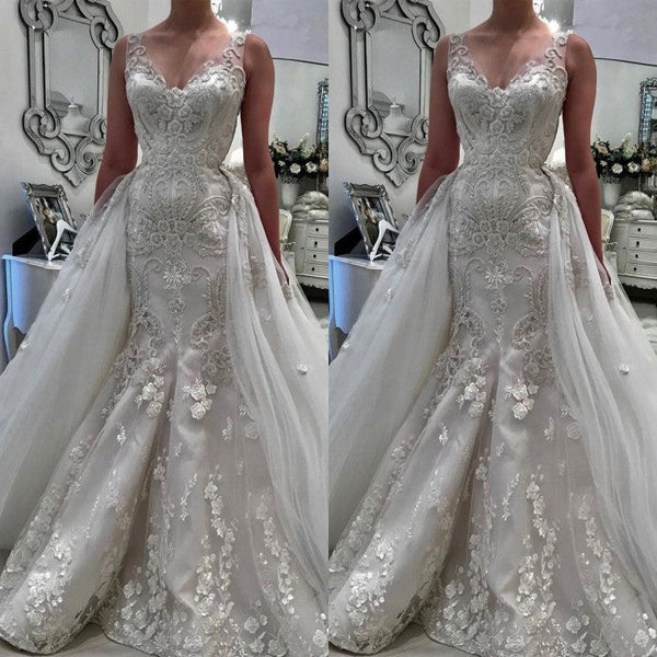 Inspired by this wedding dress at stylesnuggle.com,Mermaid style, and Amazing Lace work? We meet all your need with this Classic Stunning V-Neck Sleeveless Ruffless Lace Appliques Wedding Bridal Gowns.