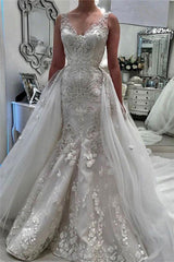 Stunning V Neck Sleeveless Ruffless Lace Appliques Wedding Bridal Gowns-stylesnuggle