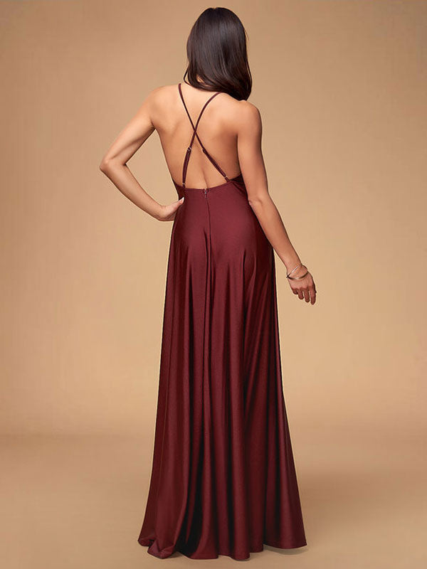 Women Evening Dress Burgundy A Line Criss Cross Lycra Spandex Formal Dinner Dresses