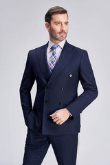 This Superior Peak Lapel Double Breasted Mens Suits, Pinstripe Dark Navy Suits for Men Formal at stylesnuggle comes in all sizes for prom, wedding and business. Shop an amazing selection of Peaked Lapel Double Breasted Dark Navy mens suits in cheap price.