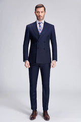 This Superior Peak Lapel Double Breasted Mens Suits, Pinstripe Dark Navy Suits for Men Formal at stylesnuggle comes in all sizes for prom, wedding and business. Shop an amazing selection of Peaked Lapel Double Breasted Dark Navy mens suits in cheap price.