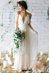 Sweep Train A Line Sleeveless Ruffless Chiffon Spaghetti Straps Wedding Dresses-stylesnuggle