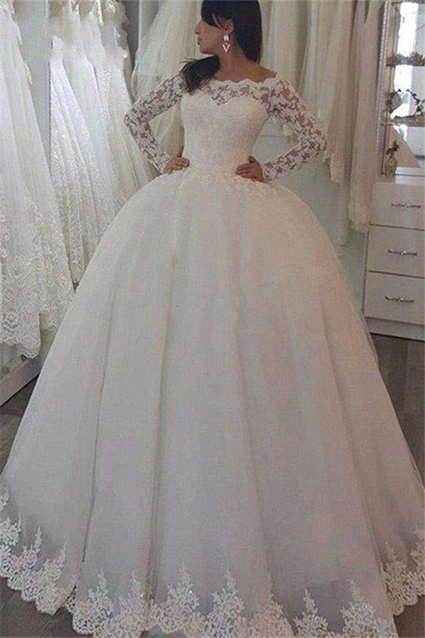 Sweep Train Applique Ball Gown Off the Shoulder Lace Long Sleevess Wedding Dresses-stylesnuggle