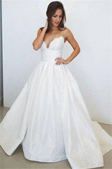 Sweep Train Ball Gown Sleeveless Ruched Satin Spaghetti Straps Wedding Dresses-stylesnuggle