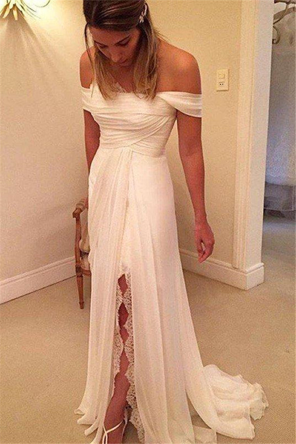 Sweep Train Chiffon A Line Ruffless Off the Shoulder Sleeveless Wedding Dresses-stylesnuggle