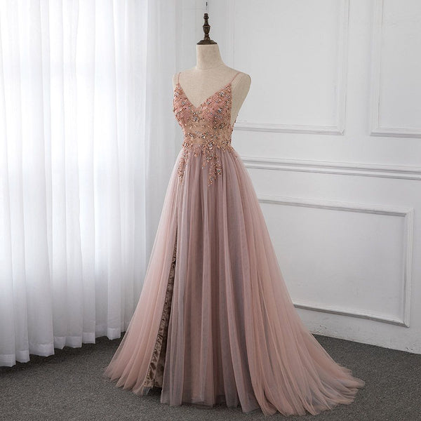 Looking for Prom Dresses, Evening Dresses, Homecoming Dresses, Bridesmaid Dresses in Tulle,  A-line style,  and Gorgeous Beading, Crystal work? stylesnuggle has all covered on this elegant Sweetheart Crystal Prom Dresses Straps Spaghetti Tulle Evening Gown Split Side.