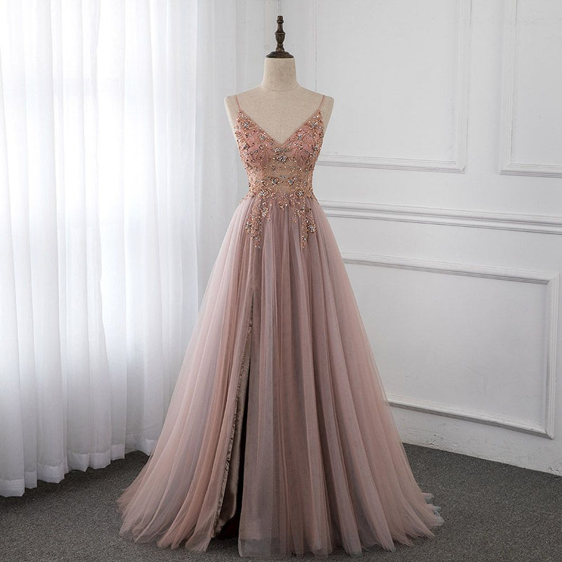 Looking for Prom Dresses, Evening Dresses, Homecoming Dresses, Bridesmaid Dresses in Tulle,  A-line style,  and Gorgeous Beading, Crystal work? stylesnuggle has all covered on this elegant Sweetheart Crystal Prom Dresses Straps Spaghetti Tulle Evening Gown Split Side.