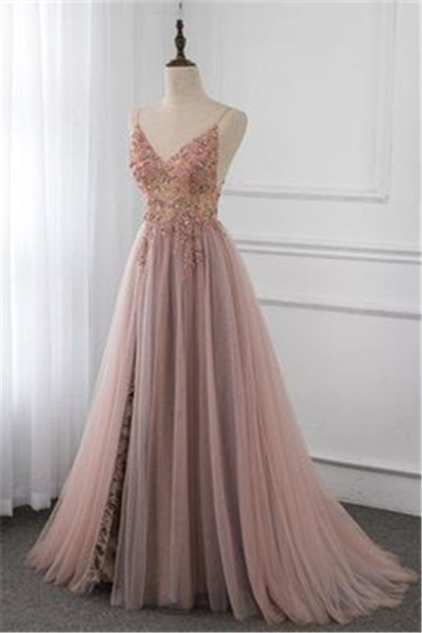 Sweetheart Crystal Prom Dresses Straps Spaghetti Tulle Evening Gown Split Side-stylesnuggle