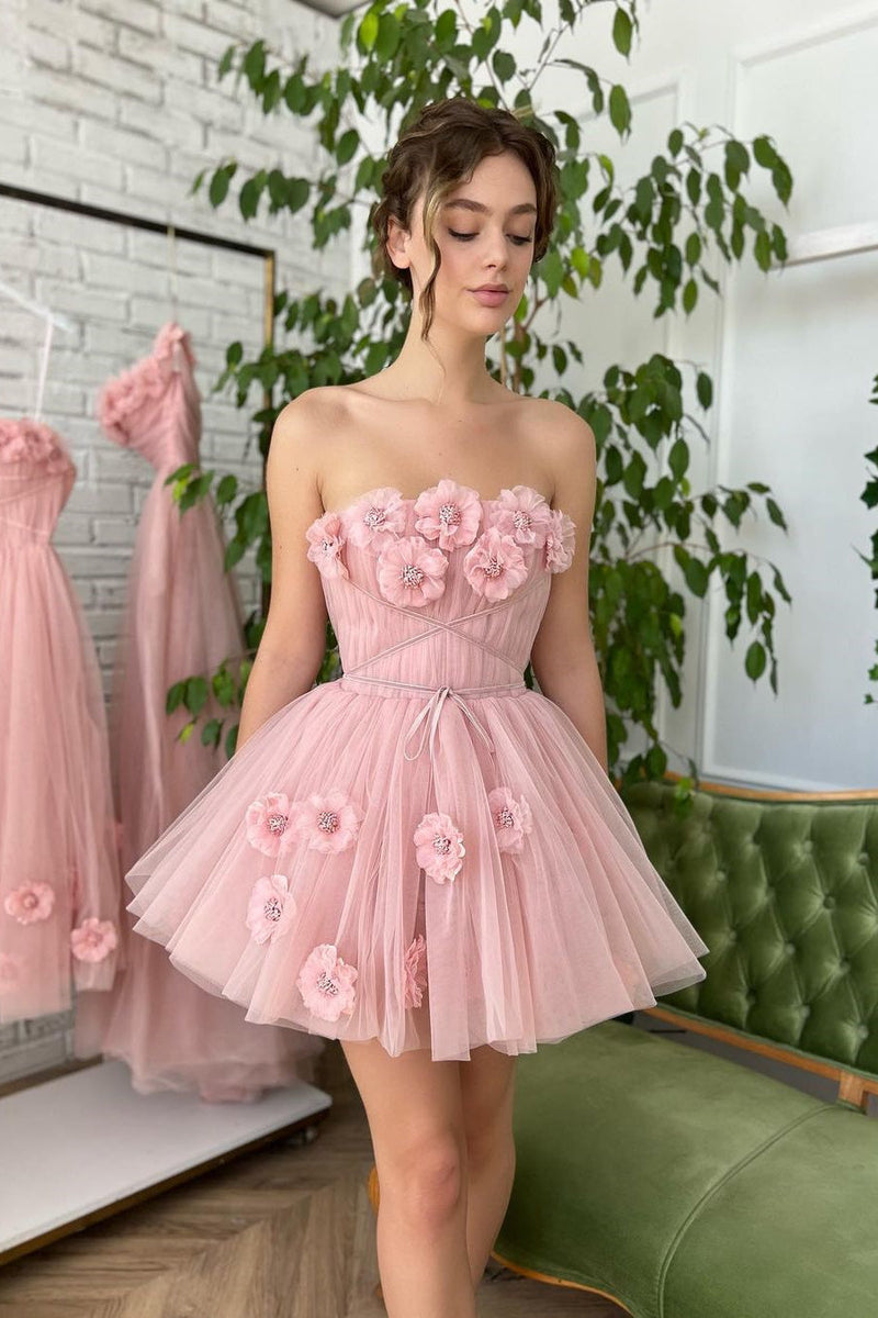 Sweetheart Mini A-line Tulle Handmade Flower Sleeveless Homecoming Dress-stylesnuggle