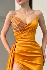 Sweetheart Orange Half-Beaded Long High Split Prom Dress with Half train-stylesnuggle