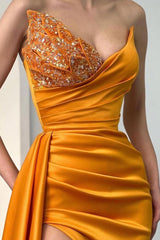 Sweetheart Orange Half-Beaded Long High Split Prom Dress with Half train-stylesnuggle