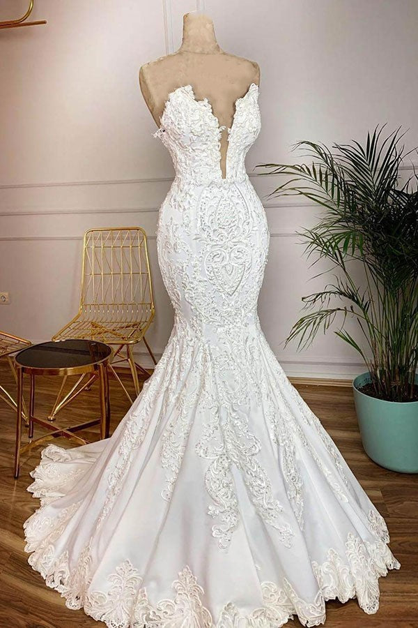 stylesnuggle.com supplies you Sweetheart Plugging V-neck Mermaid White Bridal Gowns in Real Model with Lace Train online at an affordable price , shop today to get the discount.