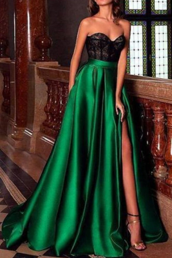 Sweetheart Sleeveless Satin Floor length Evening Gown Side Slit-stylesnuggle