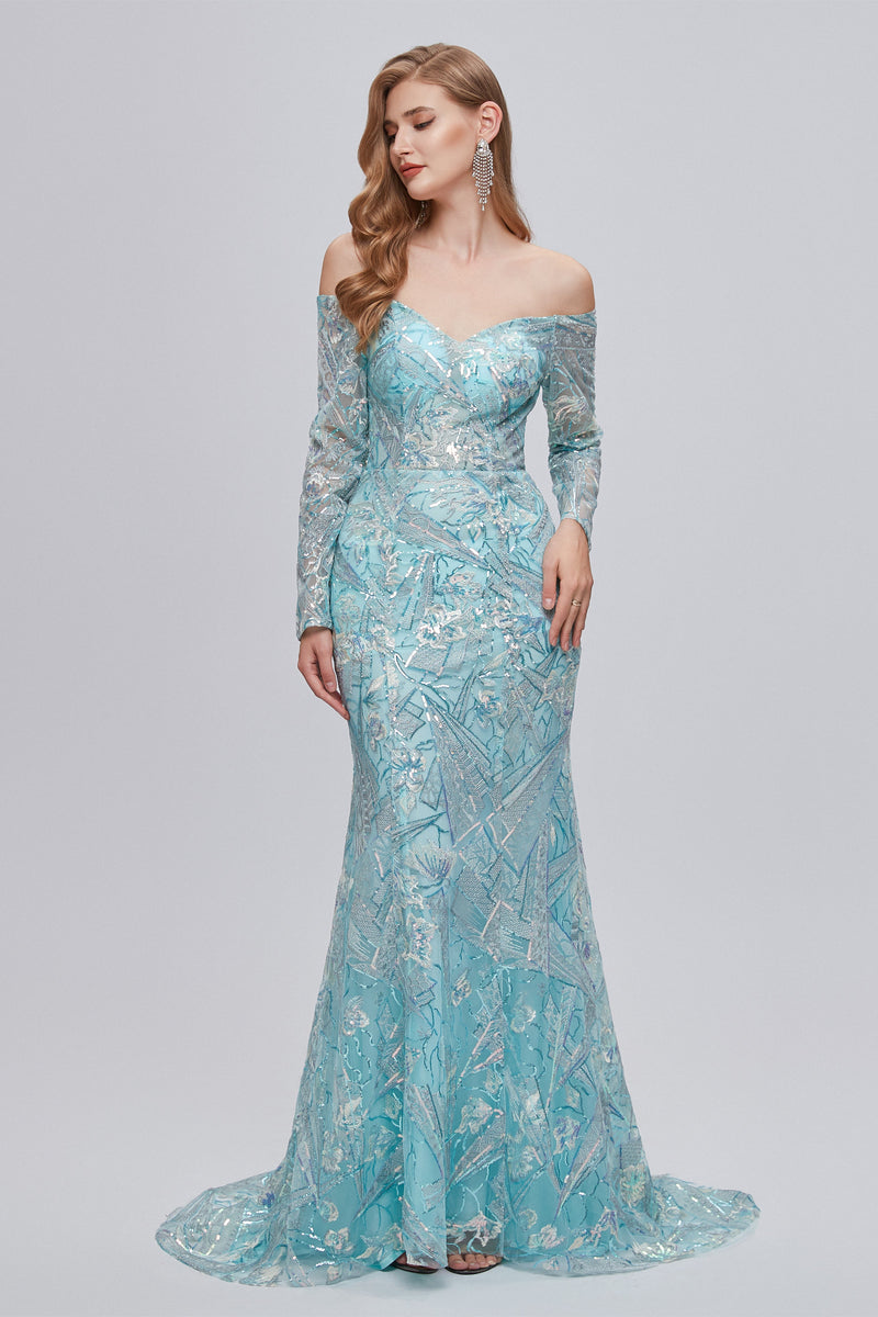 Sweetheart Strapless Lace Sequined Floor-length Long Sleeve Open Back Mermaid Prom Dress-stylesnuggle