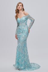 Sweetheart Strapless Lace Sequined Floor-length Long Sleeve Open Back Mermaid Prom Dress-stylesnuggle