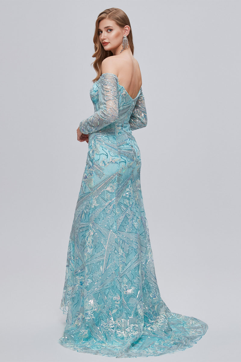 Sweetheart Strapless Lace Sequined Floor-length Long Sleeve Open Back Mermaid Prom Dress-stylesnuggle