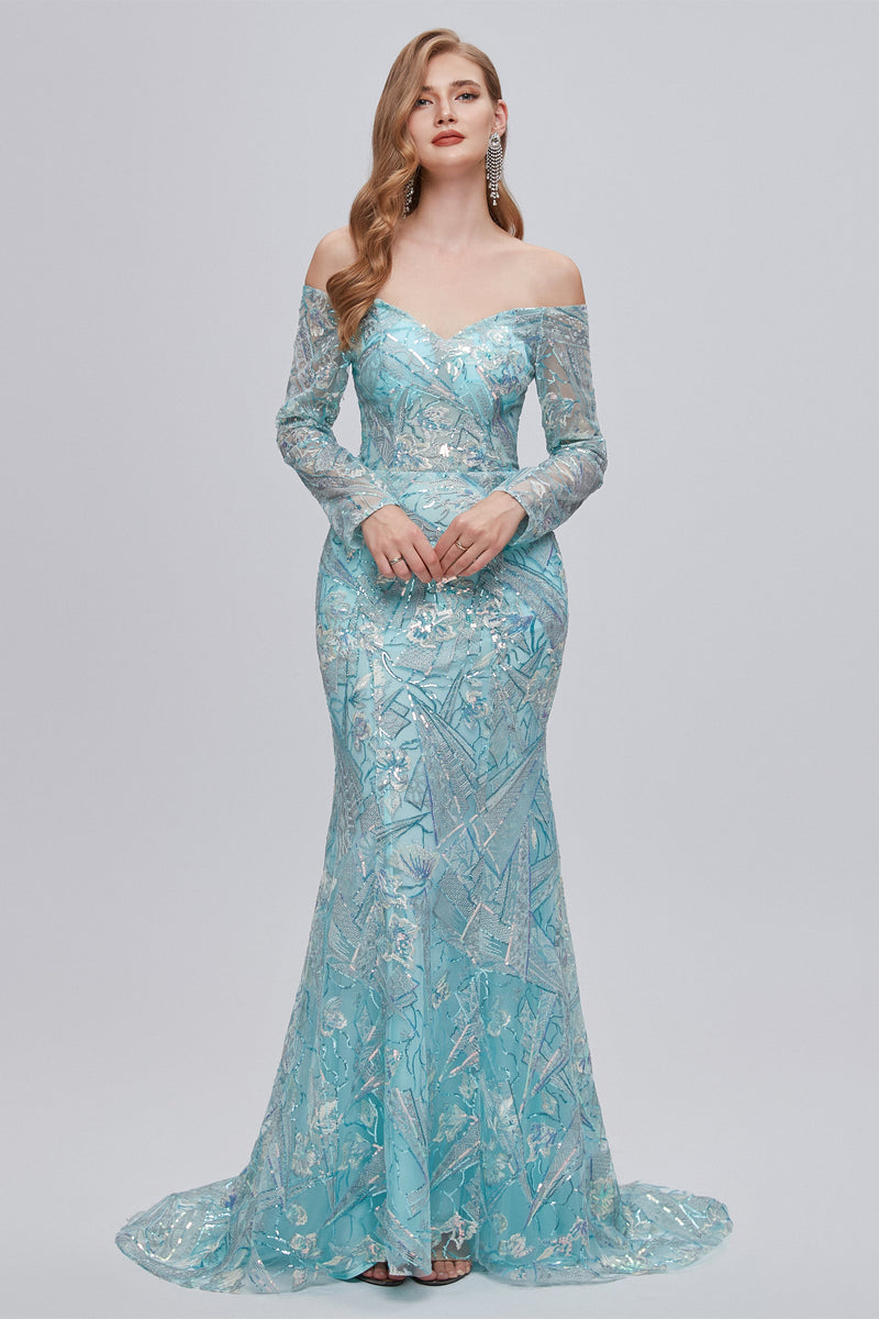 Sweetheart Strapless Lace Sequined Floor-length Long Sleeve Open Back Mermaid Prom Dress-stylesnuggle