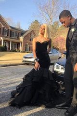 Looking for Prom Dresses in Stretch Satin,  Mermaid style,  and Gorgeous work? stylesnuggle has all covered on this elegant Sweetheart Strapless Ruffled Tulle Black Mermaid Prom Dresses.