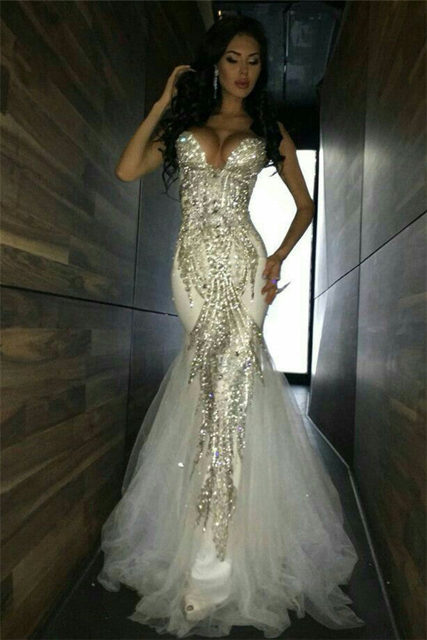 Wanna Evening Dresses in Tulle,  Mermaid style,  and delicate Crystal work? stylesnuggle has all covered on this elegant Sweetheart White Mermaid Prom Dresses Crystal Mermaid Evening Dresses On Sale yet cheap prices.