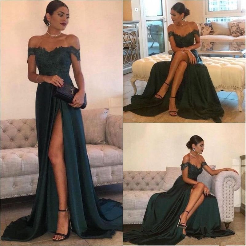 Looking for Real Model Series in Stretch Satin,  A-line style,  and Gorgeous Lace, Split Front work? stylesnuggle has all covered on this elegant THERESA A-line Floor Length Split Off-the-Shoulder Lace Prom Dresses.