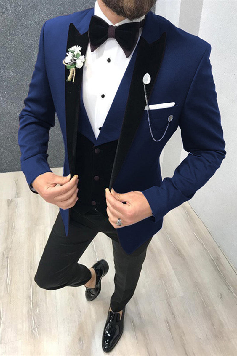 This Three-piece Black-and-blue Peak Lapel Wedding Suits Tuxedos with Waistcoat at stylesnuggle comes in all sizes for prom, wedding and business. Shop an amazing selection of Peaked Lapel Single Breasted Dark Navy mens suits in cheap price.