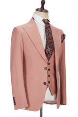 This Three-piece Coral Pink Two Buttons Peak Lapel Custom design Men Suit at stylesnuggle comes in all sizes for prom, wedding and business. Shop an amazing selection of Peaked Lapel Single Breasted Coral mens suits in cheap price.