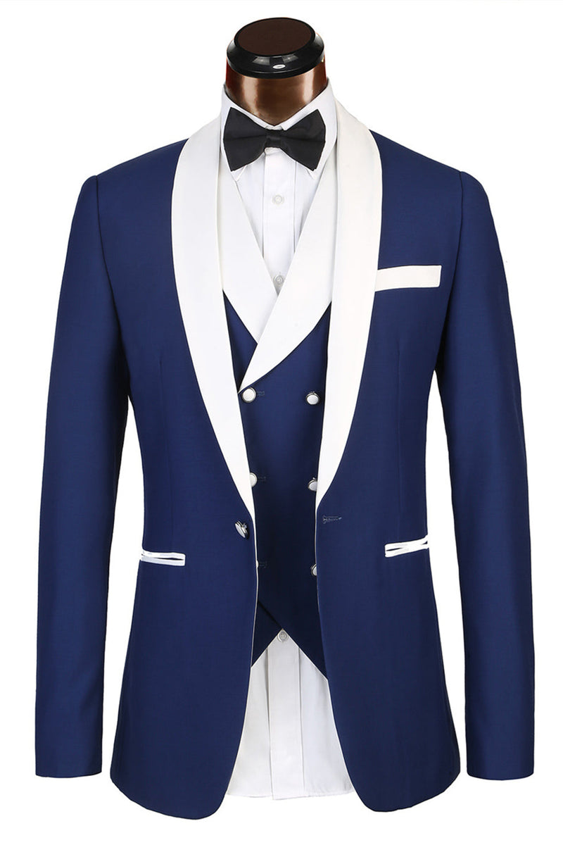 This Three-piece Well-cut White Lapel Edge Banding Formal Blue Men Suit For Wedding at stylesnuggle comes in all sizes for prom, wedding and business. Shop an amazing selection of Shawl Lapel Single Breasted Blue mens suits in cheap price.