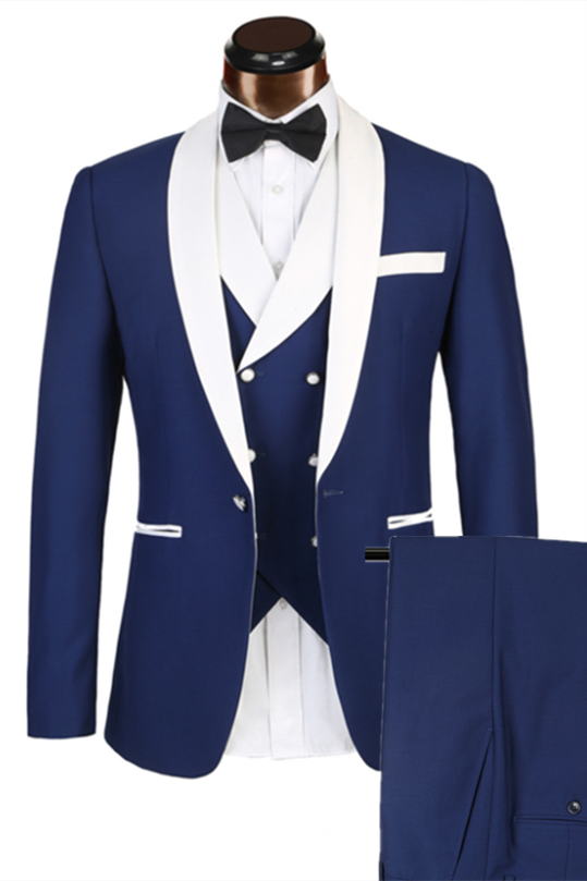 This Three-piece Well-cut White Lapel Edge Banding Formal Blue Men Suit For Wedding at stylesnuggle comes in all sizes for prom, wedding and business. Shop an amazing selection of Shawl Lapel Single Breasted Blue mens suits in cheap price.