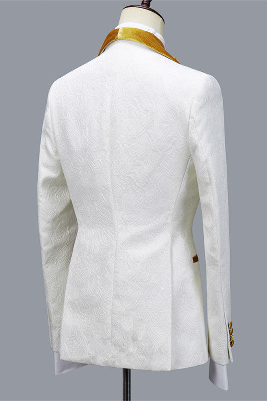 stylesnuggle is your ultimate source for Three Pieces Jacquard White Wedding Men Suit with Velvet Lapel. Our White Shawl Lapel wedding groom Men Suits come in Bespoke styles &amp; colors with high quality and free shipping.