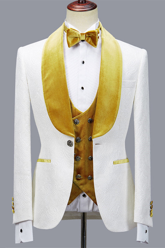 stylesnuggle is your ultimate source for Three Pieces Jacquard White Wedding Men Suit with Velvet Lapel. Our White Shawl Lapel wedding groom Men Suits come in Bespoke styles &amp; colors with high quality and free shipping.