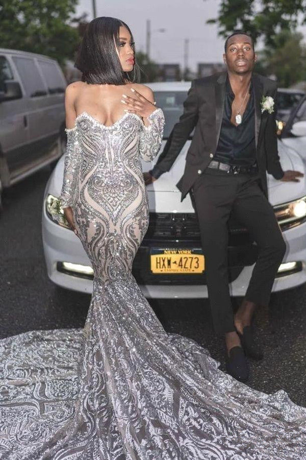 stylesnuggle offers Trendy Long Sleeves Sweetheart Silver Sequined Luxurious Prom Party GownsNew Arrival at a cheap price from Sequined to Mermaid Floor-length hem. Gorgeous yet affordable Long Sleevess Prom Dresses.