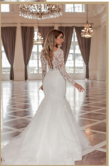 Trendy Long Sleeves V-Neck Mermaid Wedding Dresses with Chapel Train-stylesnuggle